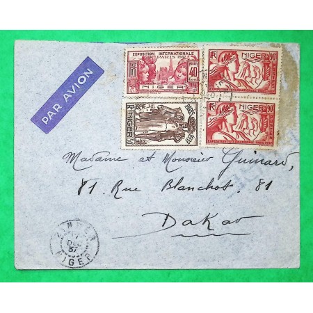 LETTRE PAR AVION PARIS EXPOSITION INTERNATIONALE 1937 NIGER DEPART ZINDER POUR DAKAR AOF 1937
