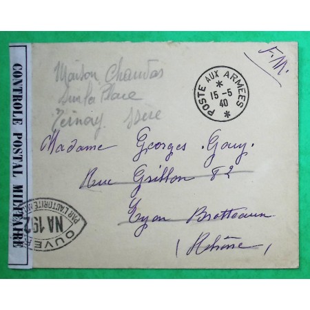 FRANCHISE MILITAIRE FM POSTE AUX ARMEES TERNAY ISERE CENSURE NA 192 1940 WW2