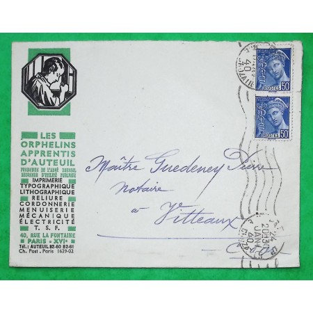 N°414A PAIRE MERCURE LETTRE PUBLICITE LES ORPHELINS APPRENTIS D'AUTEUIL PARIS POUR VITTEAUX COTE D'OR 1940