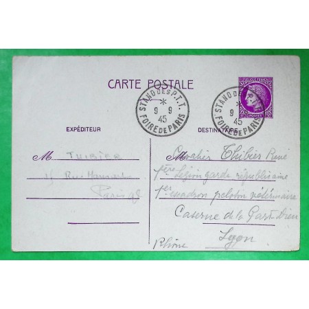 ENTIER CERES MAZELIN 1F50 LILAS OBLITERATION STAND DES PTT FOIRE DE PARIS 1945
