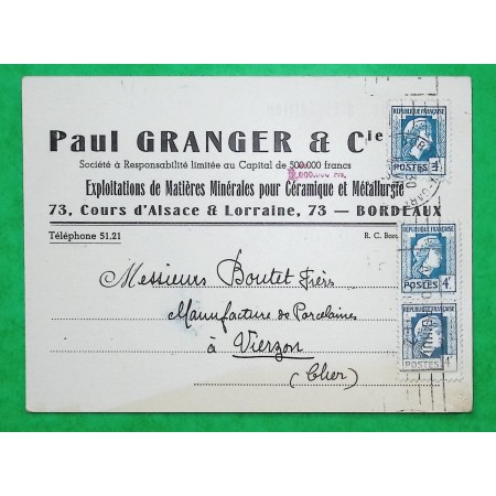 N°643 x3 4F MARIANNE ALGER CARTE POSTALE PRIVEE PIB PAUL GRANGER CERAMIQUE METALLURGIE BORDEAUX 1950