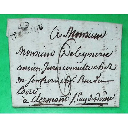 MARQUE 49 SEZANNE MARNE POUR CLERMONT FERRAND PUY DE DOME PERIODE REVOLUTIONNAIRE 27x8 1805