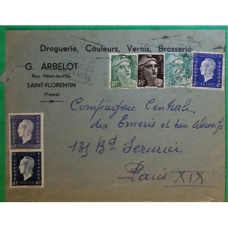 N°684 + 686 + 695 + 715 + 716A + 807 MIXTE MARIANNE DULAC GANDON BEL AFFRANCHISSEMENT ST FLORENTIN YONNE POUR PARIS 1949