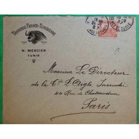 ENVELOPPE PUB TANNERIE FRANCO TUNISIENNE TAUREAU TUNIS REGENCE DE TUNIS TUNISIE POUR PARIS 1907 LETTRE COVER FRANCE