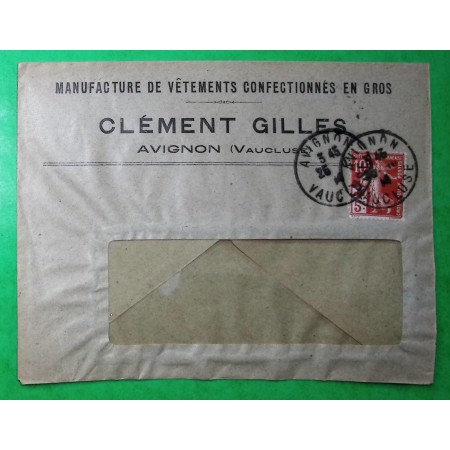 N°147 SEMEUSE CROIX ROUGE ENVELOPPE ENTETE PUB MANUFACTURE DE VETEMENTS CLEMENT GILLES AVIGNON VAUCLUSE 1914