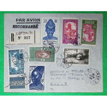 RECOMMANDE AVION SOUDAN FRANCAIS COTONOU TIMBRE DAHOMEY TOGO SENEGAL POUR DAKAR 1945