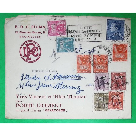 LETTRE 4F  BRUXELLES BELGIQUE + TAXE GERBES ANNULATION PLUME ENTETE PDC FILMS 1951