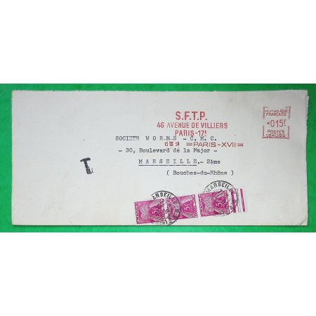 EMA 15F SFTP PARIS + TAXE GERBES 5F x3 15F POUR MARSEILLE BOUCHES DU RHONE 1958