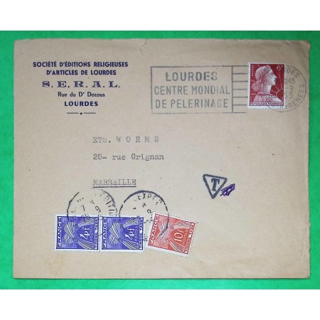 N°1009A MARIANNE MULLER ROULETTE TAXE GERBES 4F x2 + 10F 18F LOURDES HAUTES PYRENEES POUR MARSEILLE 1955