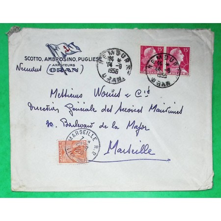 N°1011 PAIRE MARIANNE MULLER + TAXE GERBES 10F LETTRE ARMATEURS ORAN ALGERIE 1956