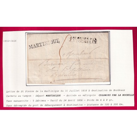 MARQUE MARTINIQUE + MARQUE COLONIE PAR LA ROCHELLE CHARENTE INFERIEURE TEXTE ST PIERRE 1818 POUR BORDEAUX
