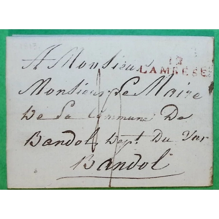 MARQUE 12 LAMBESC ROUGE BOUCHES DU RHONE POUR BANDOL VAR 33x9 1813 LETTRE COVER FRANCE
