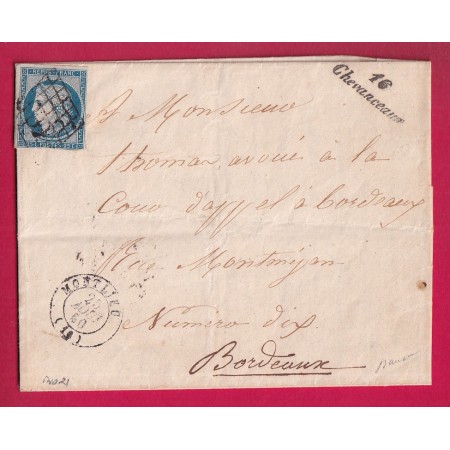 N°4 CURSIVE 16 CHAVANCEAUX + T15 MONTLIEU CHARENTE INFERIEURE SIGNE BAUDOT INDICE 21 POUR BORDEAUX