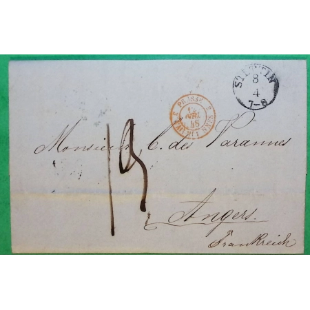 LETTRE COVER STETTIN SZCZECIN POLOGNE POLAND POUR ANGERS FRANCE CAD PRUSSE VALENCIENNE + LIGNE DE TOURS BLEU VERSO 1848