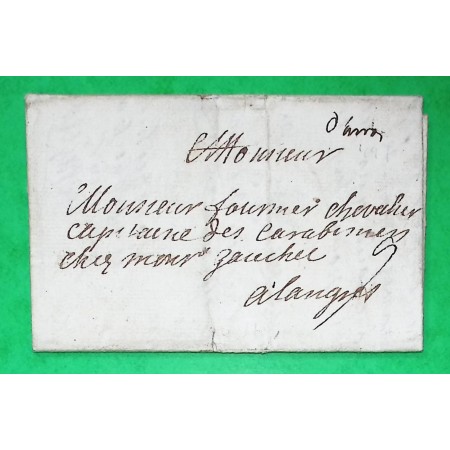 MARQUE MANUSCRITE D'ARRAS PAS DE CALAIS POUR LANGRES HAUTE MARNE 1726