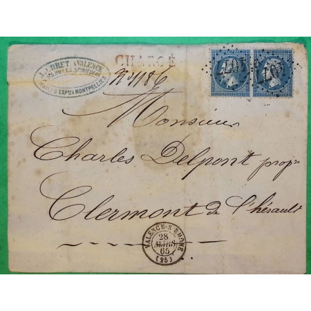 N°22 PAIRE LETTRE CHARGE GC 4077 VALENCE DROME POUR CLERMONT DE L'HERAULT 1865 COVER FRANCE