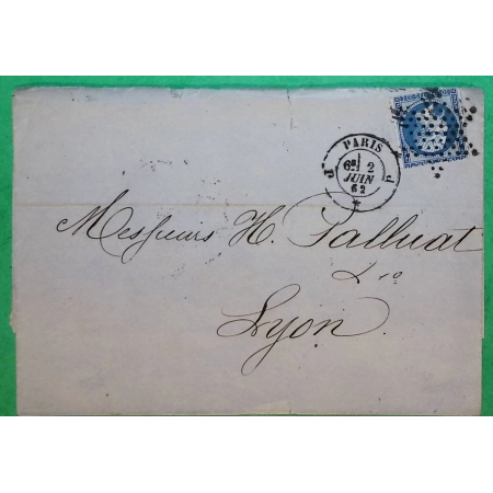 N°14B PERCE EN LIGNE ETOILE DE PARIS BUREAU J POTHION 1521 POUR LYON RHONE 1862 LETTRE COVER FRANCE