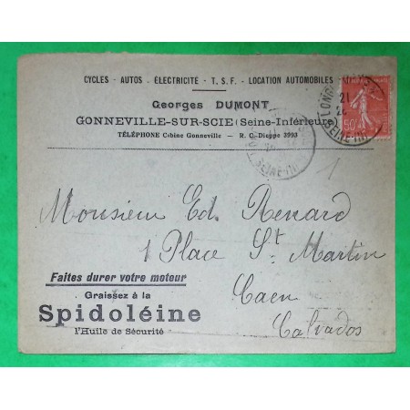 N°199 SEMEUSE ENVELOPPE PUB CYCLES AUTO HUILE SPIDOLEINE GONNEVILLE SUR SCIE SEINE INFERIEURE 1931