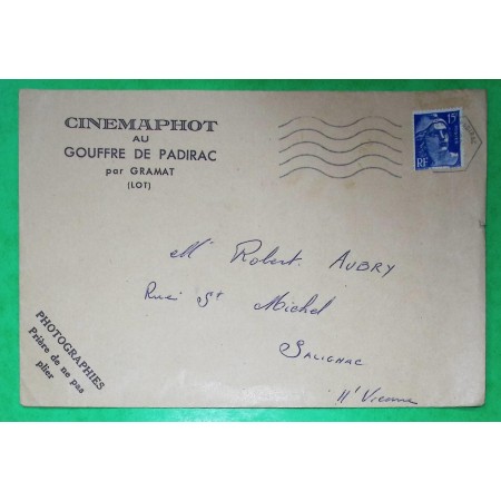 N°886 MARIANNE GANDON BELLE ENVELOPPE PUB CINEMAPHOT GOUFFRE DE PADIRAC LOT POUR SAULIGNAC HAUTE VIENNE 1951