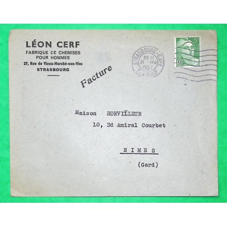 N°719 MARIANNE GANDON 5F VERT TARIF FACTURE FABRIQUE DE CHEMISES STRASBOURG BAS RHIN 1947