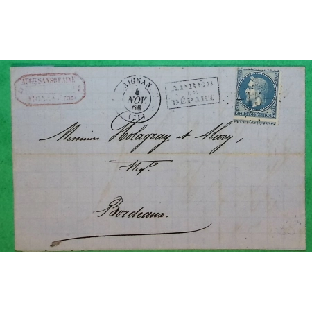 N°29 VARIETE PIQUAGE A CHEVAL GC 15 AIGNAN GERS + APRES LE DEPART SPECIAL POUR BORDEAUX GIRONDE 1868 LETTRE COVER FRANCE