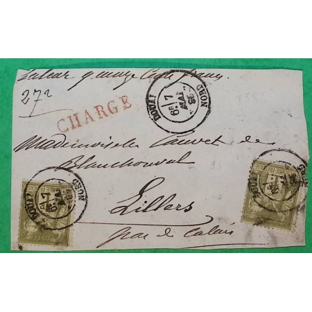 N°82 x2 SAGE DEVANT DE LETTRE CHARGE DOUAI NORD POUR LILLERS PAS DE CALAIS 1885 FRONT COVER FRANCE