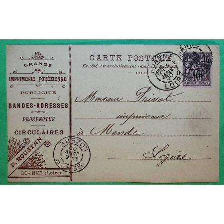 N°103 SAGE CARTE POSTALE PUB PRIVEE GRANDE IMPRIMERIE FOREZIENNE ROANNE LOIRE POUR MENDE LOZERE 1900 COVER FRANCE