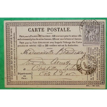N°66 15C SAGE TYPE 1 CARTE PRECURSEUR CHATEAUROUX INDRE POUR CHATILLON SUR SEINE COTE D'OR 1876 LETTRE COVER FRANCE