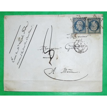 N°14 x2 BLEU LAITEUX TTB DOUBLE PORT ETOILE DE PARIS CACHET DE ROUTE POUR MACON TAXE 8 AFFRANCHISSEMENT INSUFFISANT