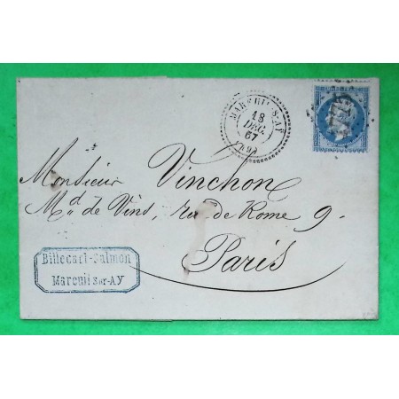 N°22 GC 4775 CAD TYPE 22 MAREUIL SUR AY MARNE BUREAU SUPPLEMENTAIRE POUR PARIS 1867