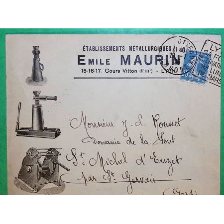 N°140 SEMEUSE BELLE ENVELOPPE PUB EMILE MAURIN ETABLISSEMENTS METALLURGIQUES LYON POUR ST MICHEL D'EUZET GARD FRANCE