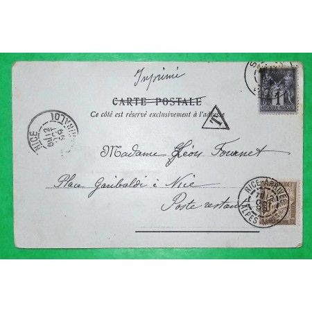 N°83 SAGE + TAXE DUVAL 10C CARTE POSTALE ST DIE VOSGES POUR NICE ALPES MARITIME 1899