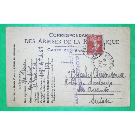 N°138 SEMEUSE FRANCHISE MILITAIRE FM POUR LES AVANTS SUISSE CENSURE GRIFFE CONTROLE PAR AUTORITE MILITAIRE 1916 WW1