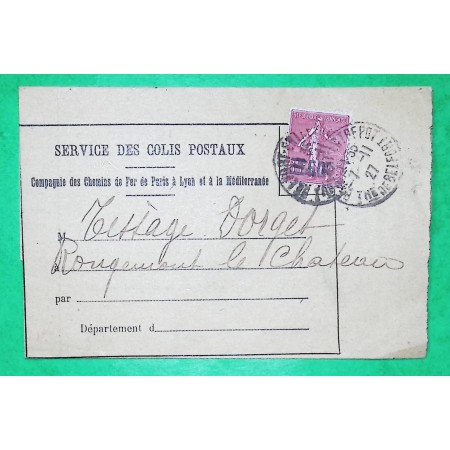 N°224 SEMEUSE SURCHARGE SERVICE DES COLIS POSTAUX CHEMINS DE FER PARIS LYON MEDITERRANEE 1927