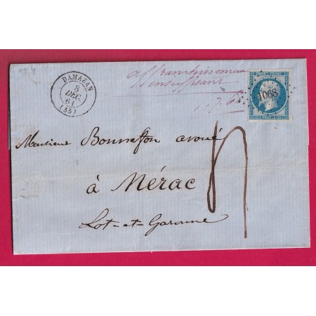 N°14 PC 1068 DAMAZAN LOT ET GARONNE TAXE 4 AFFRANCH INSUFFISANT POUR NERAC