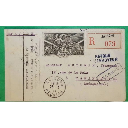 RECOMMANDE PAR AVION LES AVIRONS REUNION POUR TANANARIVE MADAGASCAR GRIFFRE INCONNU RETOUR ENVOYEUR 1947 COVER FRANCE