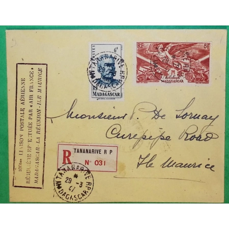 RECOMMANDE PAR AVION TANANARIVE MADAGASCAR 100ème LIAISON AERIENNE MADAGASCAR REUNION ILE MAURICE 1947 COVER FRANCE