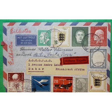 LETTRE PAR AVION EXPRES EILBOTE EXPRES MIT LUFTPOST HAMBURG GROSSFLOTTBEK BUNDESPOST POUR DAKAR SENEGAL AOF 1953