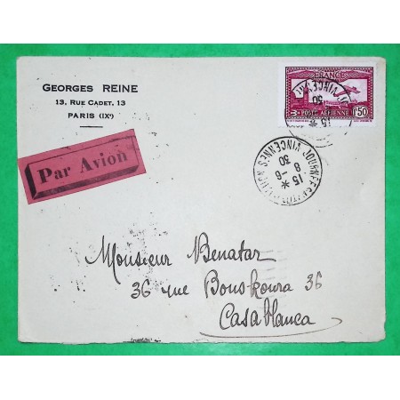 POSTE AERIENNE N°5 1F50 CARMIN LETTRE PAR AVION JOURNEES NATIONALES AVIATION VINCENNES POUR CASABLANCA MAROC 1930