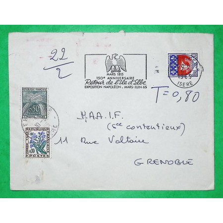 N°1354B  + MIXTE TAXES GERBES FLEURS DES CHAMPS LETTRE GRENOBLE ISERE 1965