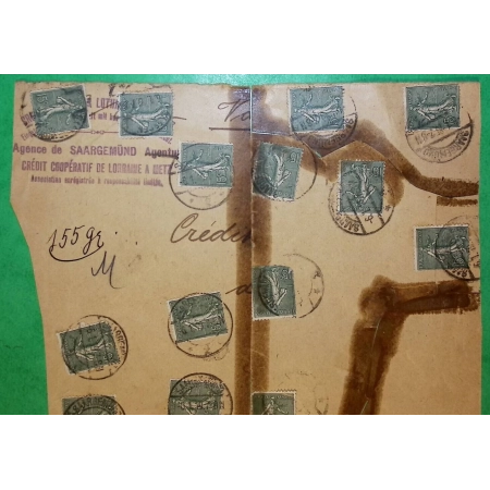 N°130 x14 SEMEUSE DEVANT DE COLIS OBLITERATION ALLEMANDE SAARGEMÜND SARREGUEMINES MOSELLE ALSACE POUR METZ 1919