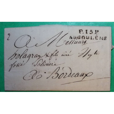 MARQUE P15P ANGOULEME CHARENTE PORT PAYE POUR BORDEAUX GIRONDE 38x9.5 1822 LETTRE COVER FRANCE