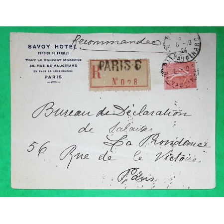 N°204 SEMEUSE RECOMMANDE PARIS 85C SAVOY HOTEL PARIS RUE VAUGIRARD 1924