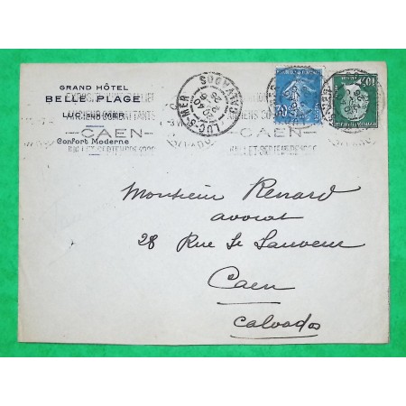 N°170 + 192 PASTEUR SEMEUSE LETTRE LUC SUR MER PUB GRAND HOTEL BELLE PLAGE POUR CAEN CALVADOS 1926