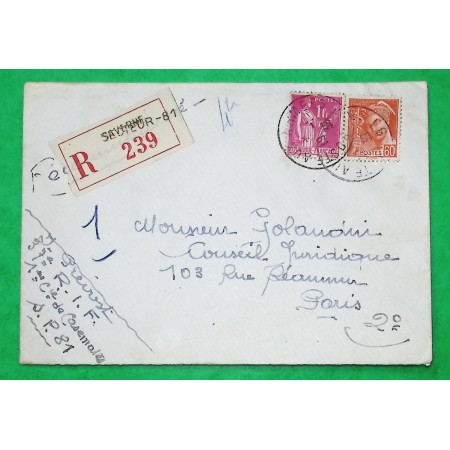 N°369 + 415 PAIX MERCURE RECOMMANDE POSTES AUX ARMEES SAVERNE BAS RHIN SECTEUR 812 1939 WW2