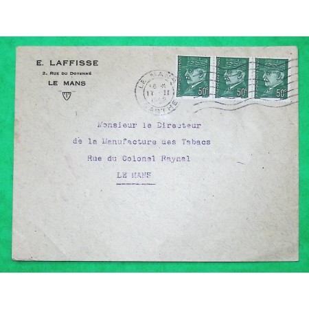 N°508 BANDE DE 3 PETAIN HOURRIEZ LETTRE TARIF 1F50 LE MANS SARTHE 1942