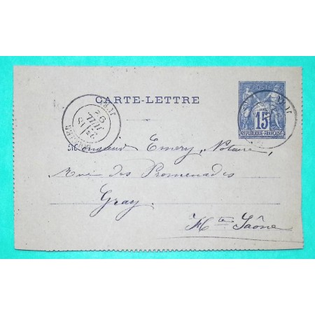 ENTIER 15C SAGE CARTE LETTRE CAD TYPE 18 DOUCIER JURA POUR GRAY HAUTE SAONE 1892