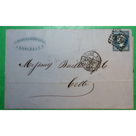 N°22 GC 532 CAD TYPE 15 BORDEAUX BOITE MOBILE + GRIFFE APRES LE DEPART POUR CETTE SETE HERAULT 1866 LETTRE COVER FRANCE