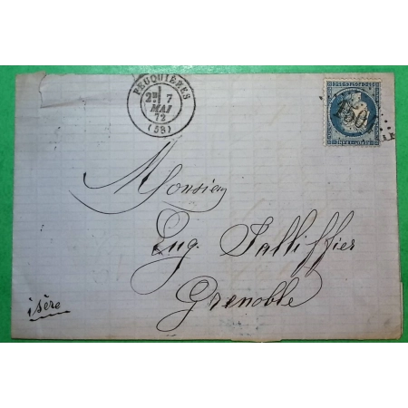 N°60A GC 1504 FEUQUIERES OISE DEPART MOLIENS POUR GRENOBLE ISERE 1872 LETTRE COVER FRANCE
