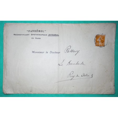 N°158 SEMEUSE TARIF IMPRIME ENVELOPPE ENTETE PANHEMOL MEDICAMENT RECONSTITUANT OPOTHERAPIQUE INTEGRAL DU SANG 1922